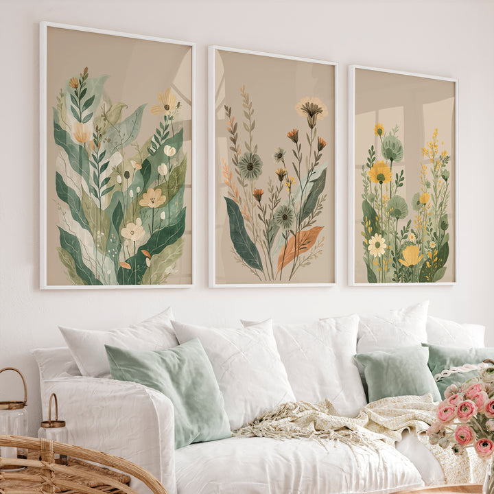 Layered Wildflower Botanicals for japandi art wall - White Framed Poster No Border - Artworksets