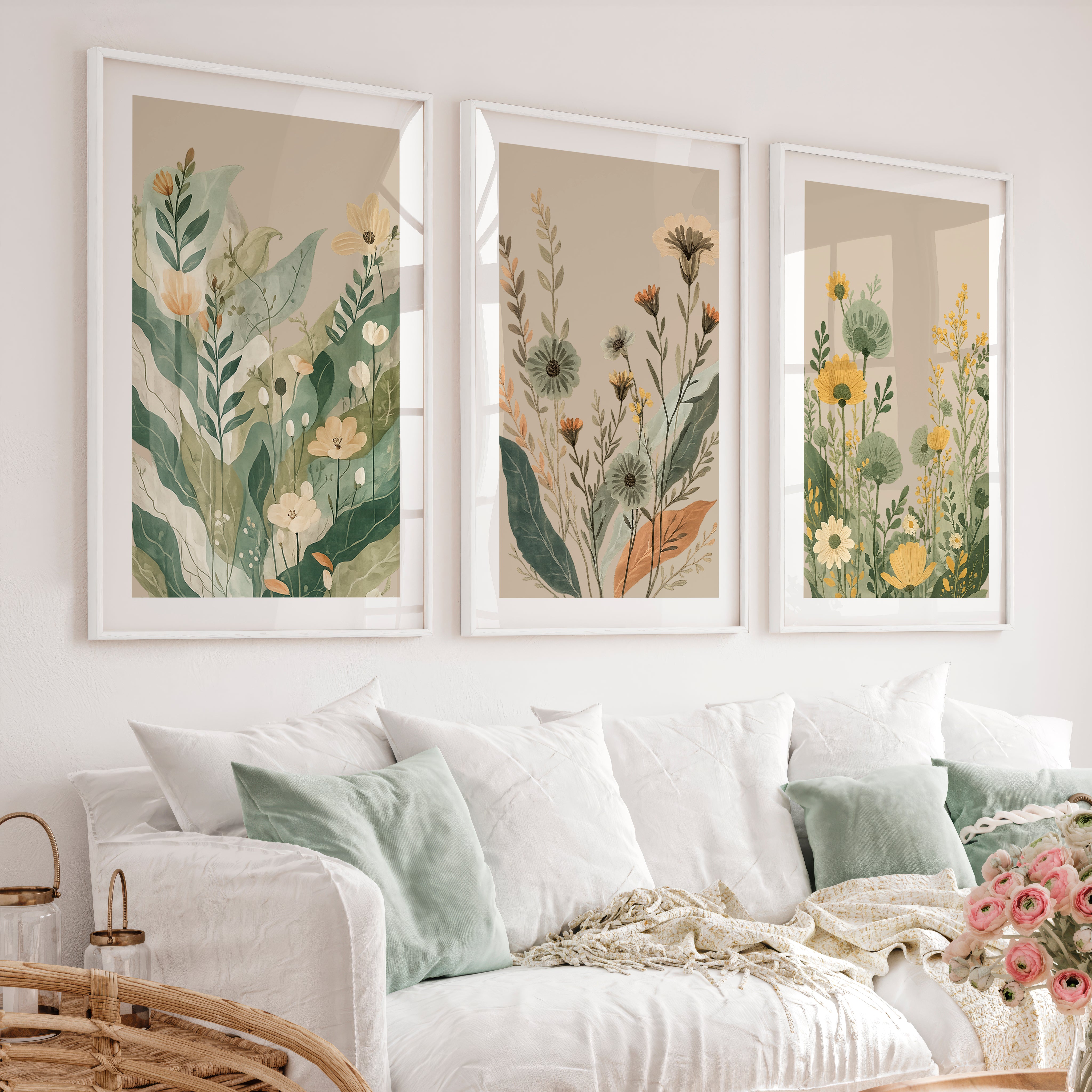 Layered Wildflower Botanicals for japandi art wall - White Framed Poster with White Border - Artworksets