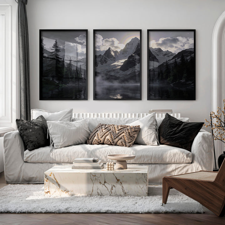 Sunlit Snow Peak Japandi Art Wall - Black Framed Poster No Border - Artworksets