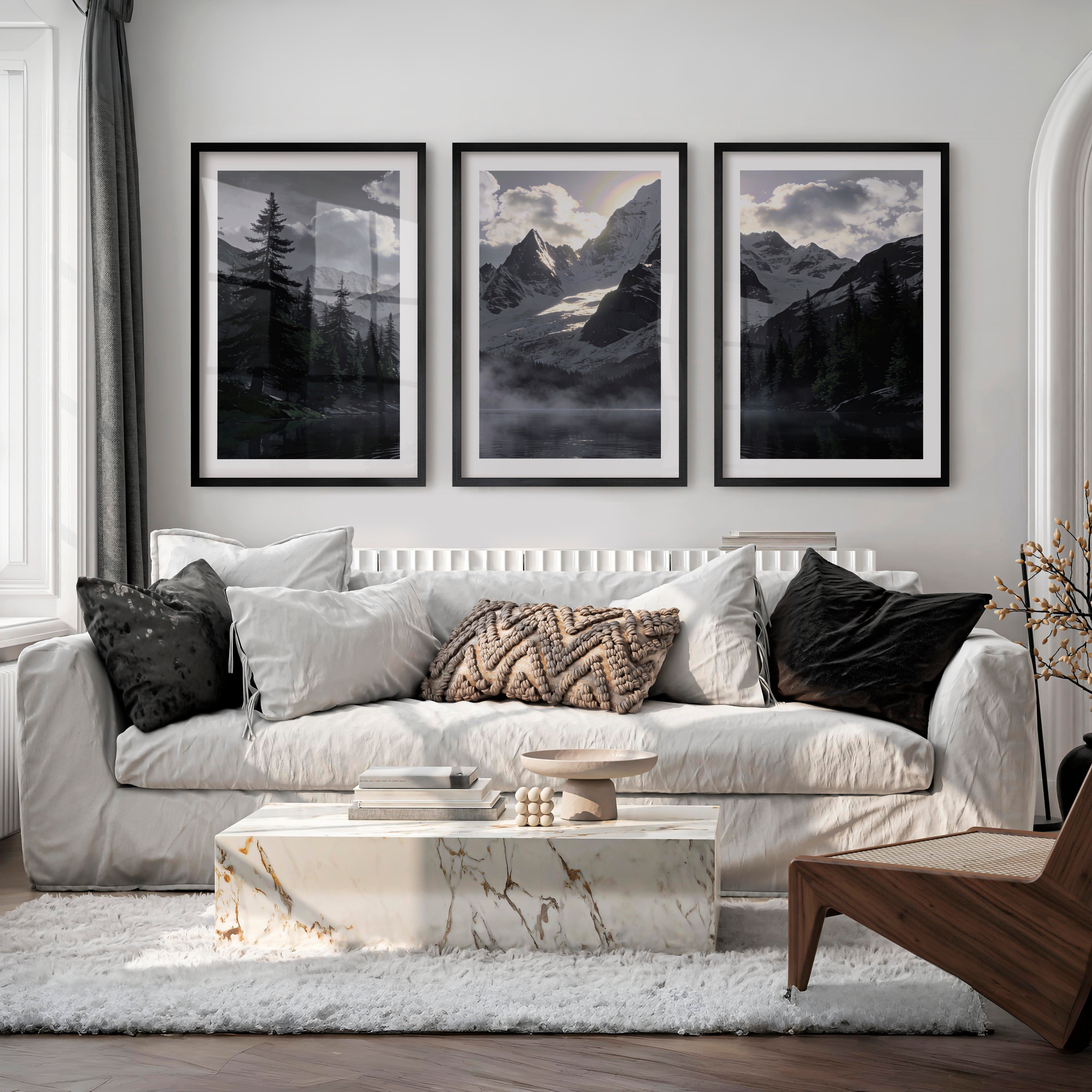 Sunlit Snow Peak Japandi Art Wall - Black Framed Poster with White Border - Artworksets