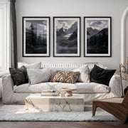 Sunlit Snow Peak Japandi Art Wall - Black Framed Poster with White Border - Artworksets