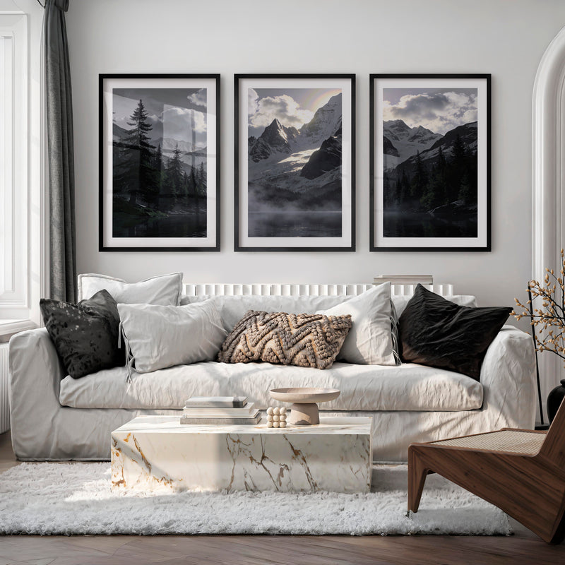 Sunlit Snow Peak Japandi Art Wall - Black Framed Poster with White Border - Artworksets