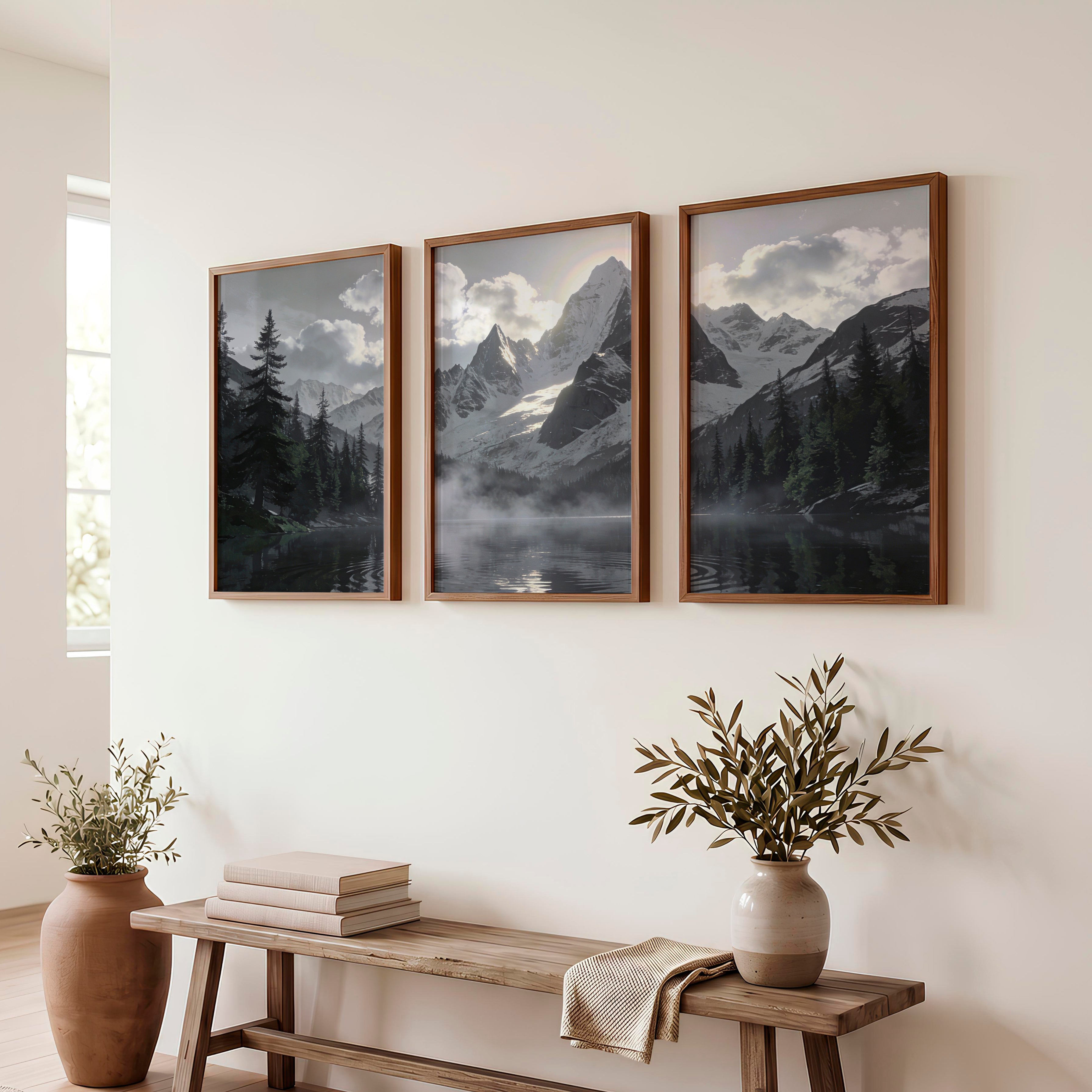Sunlit Snow Peak Japandi Art Wall - Dark Brown Framed Poster No Border - Artworksets