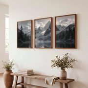 Sunlit Snow Peak Japandi Art Wall - Dark Brown Framed Poster No Border - Artworksets
