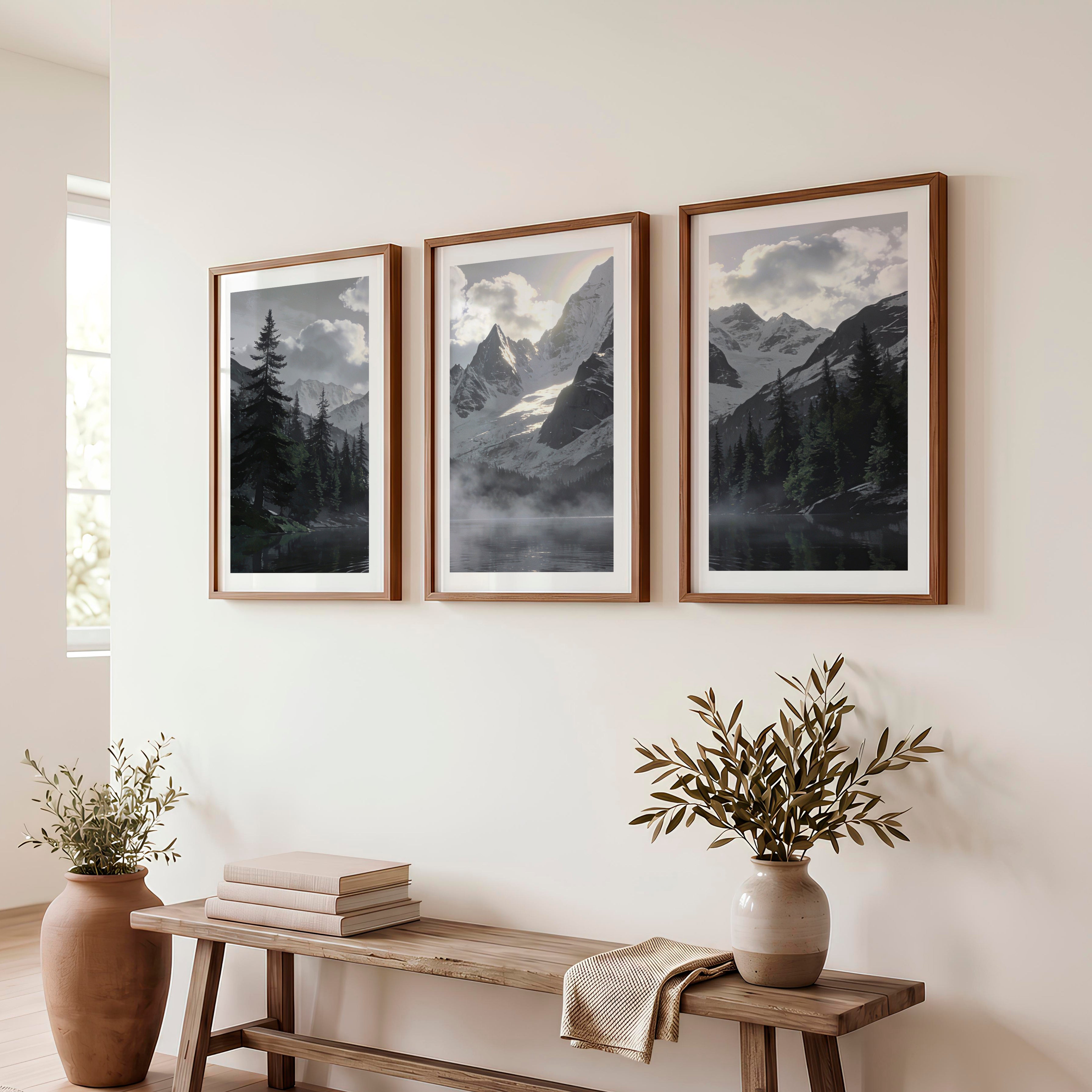 Sunlit Snow Peak Japandi Art Wall - Dark Brown Framed Poster with White Border - Artworksets