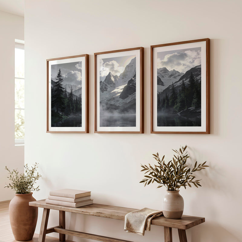 Sunlit Snow Peak Japandi Art Wall - Dark Brown Framed Poster with White Border - Artworksets