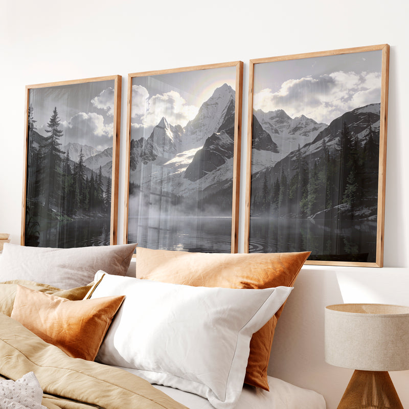 Sunlit Snow Peak Japandi Art Wall - Natural Wood Framed Poster No Border - Artworksets