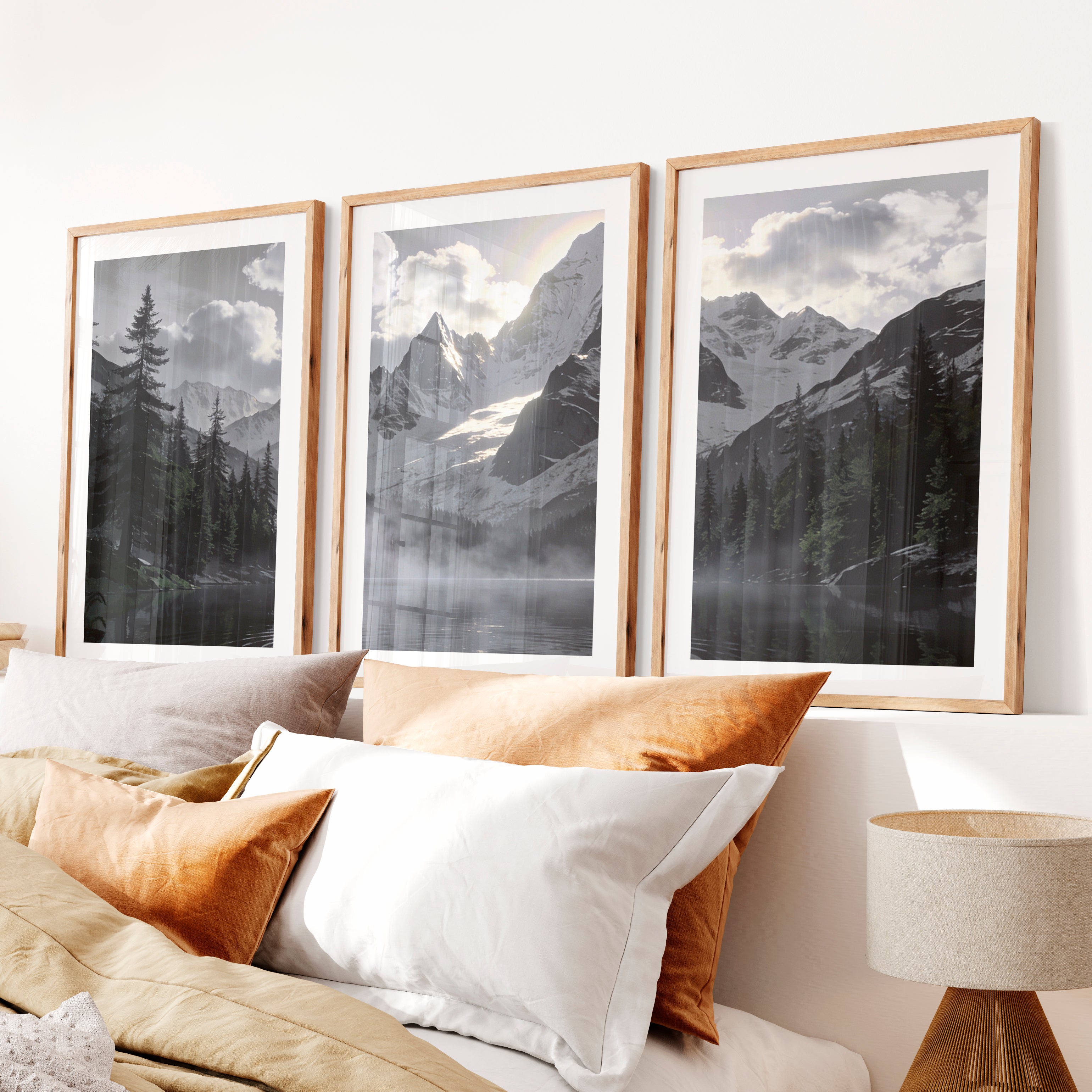 Sunlit Snow Peak Japandi Art Wall- Natural Wood Framed Poster with White Border - Artworksets