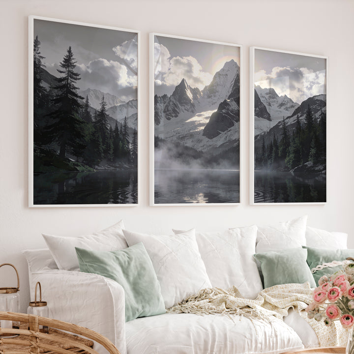 Sunlit Snow Peak Japandi Art Wall - White Framed Poster No Border - Artworksets