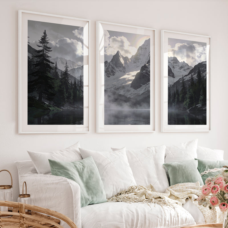 Sunlit Snow Peak Japandi Art Wall - White Framed Poster with White Border - Artworksets