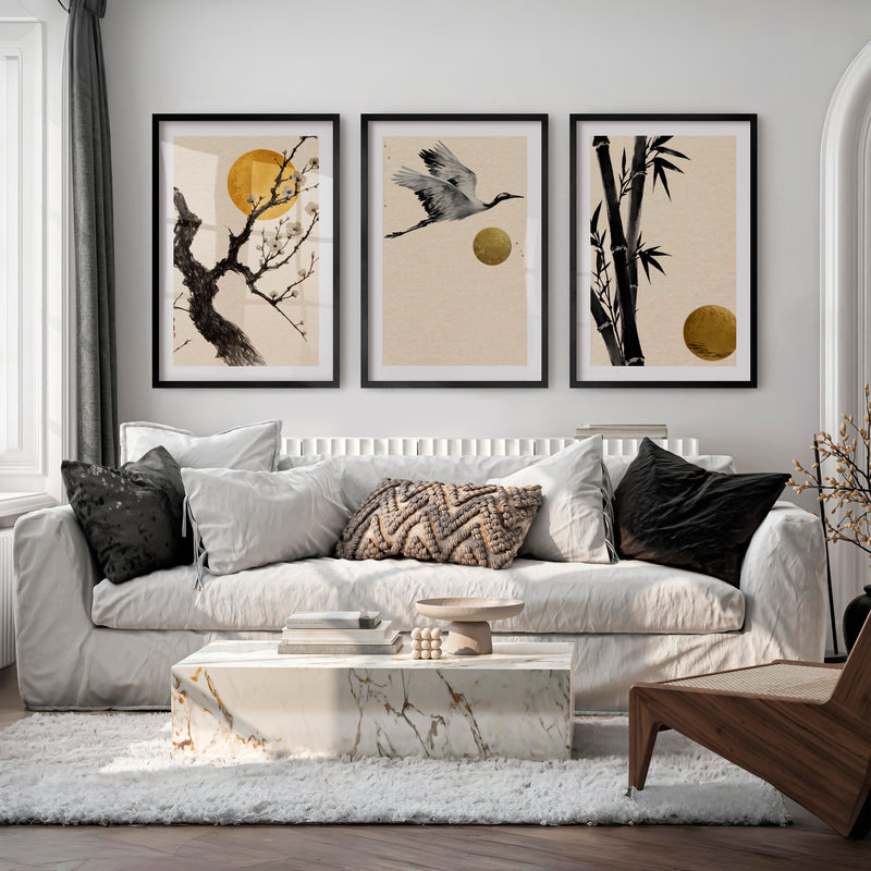 Misty Mountain Path japandi art wall - Black Framed Poster with White Border - Artworksets