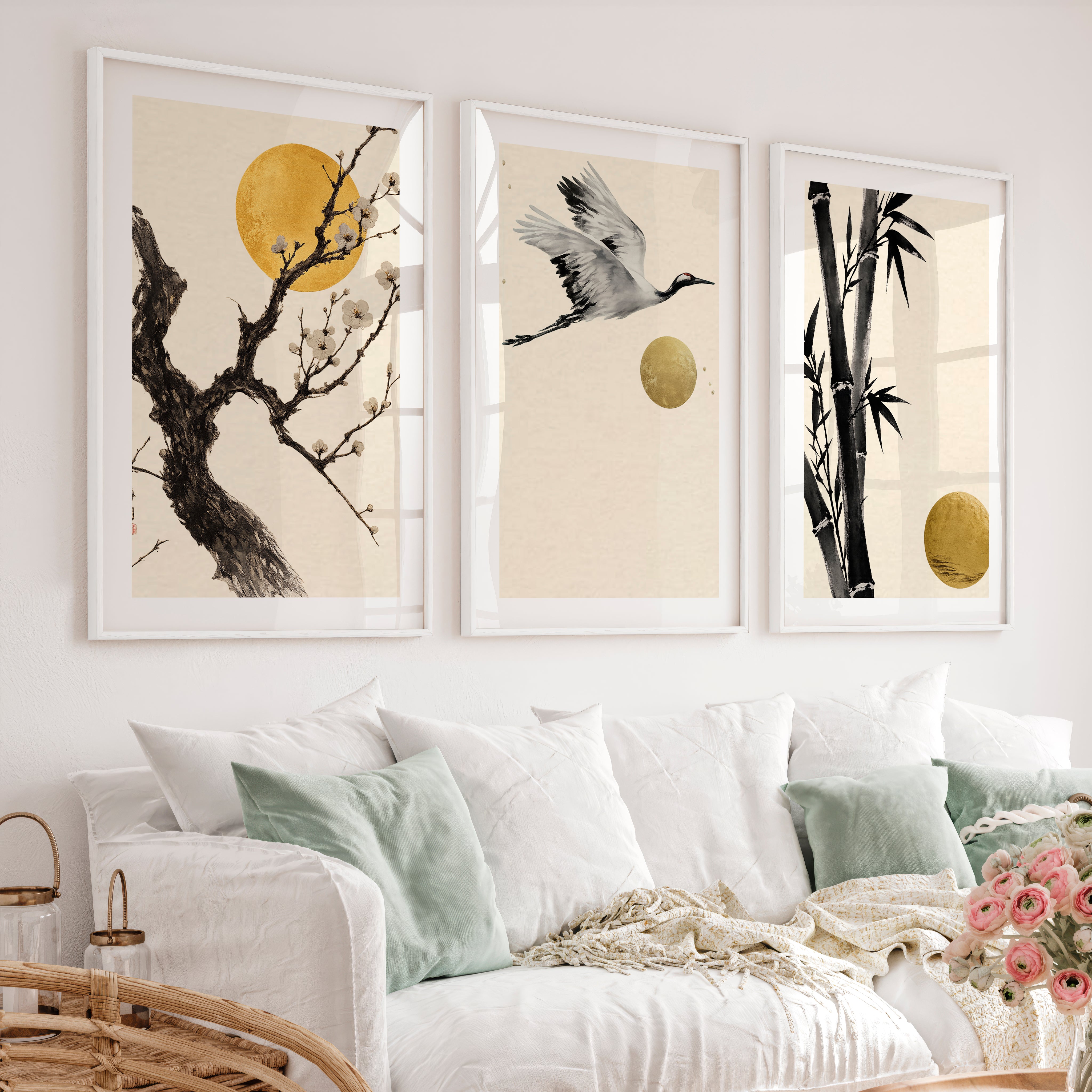 Misty Mountain Path japandi art wall - White Framed Poster with White Border - Artworksets