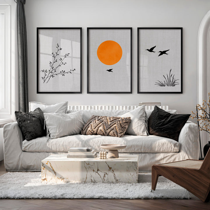 Golden Sun and Birds japandi art wall - Black Framed Poster No Border - Artworksets