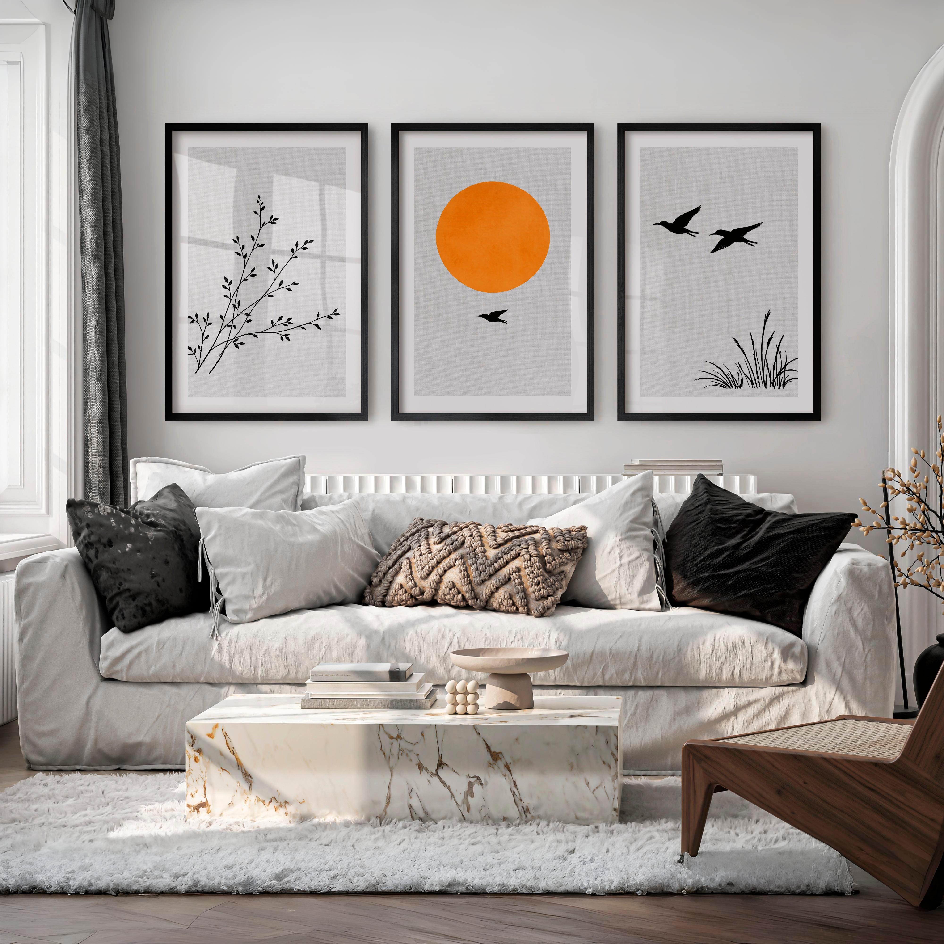 Golden Sun and Birds japandi art wall - Black Framed Poster with White Border - Artworksets