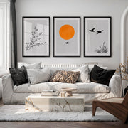 Golden Sun and Birds japandi art wall - Black Framed Poster with White Border - Artworksets