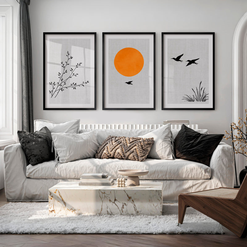 Golden Sun and Birds japandi art wall - Black Framed Poster with White Border - Artworksets