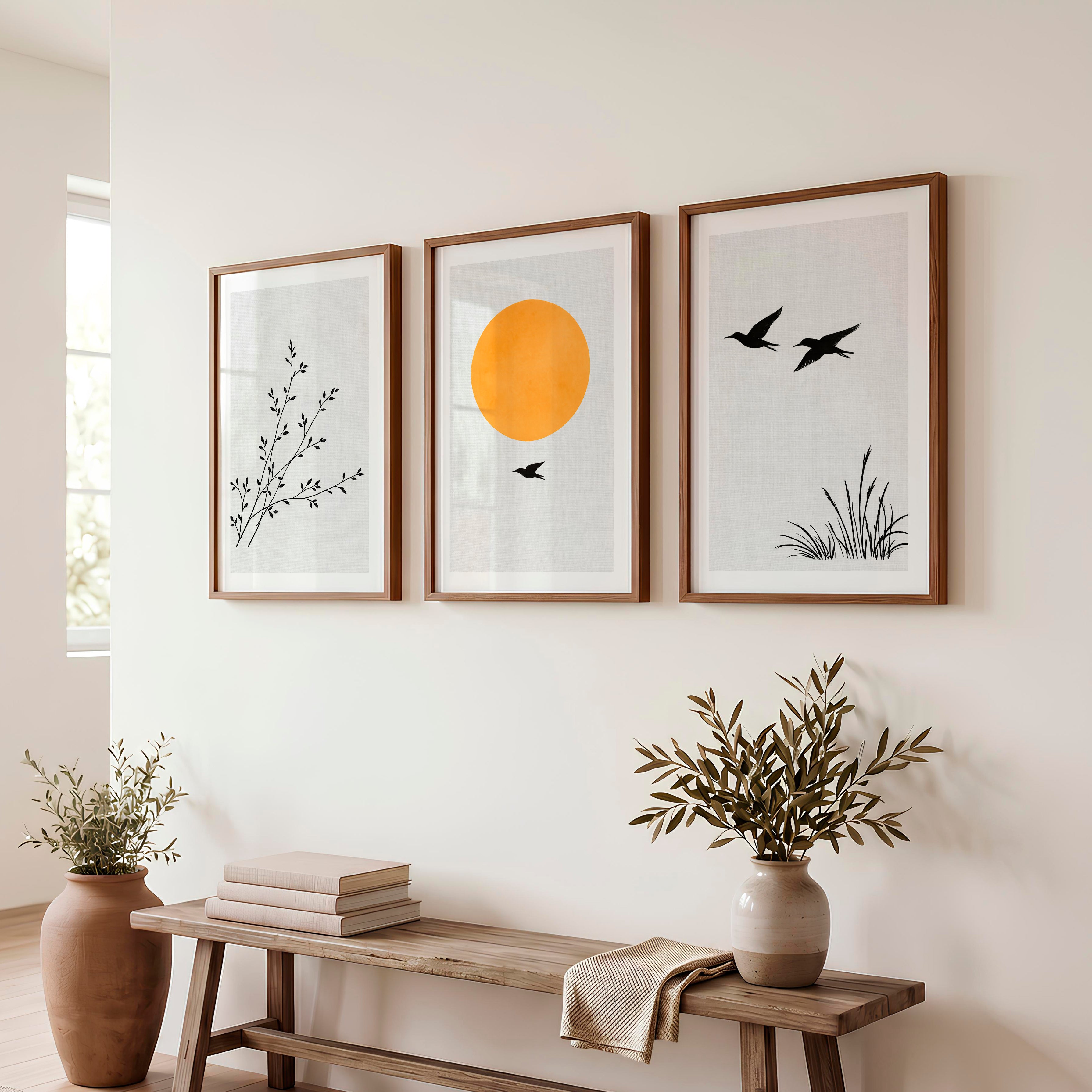 Golden Sun and Birds japandi art wall - Dark Brown Framed Poster with White Border - Artworksets
