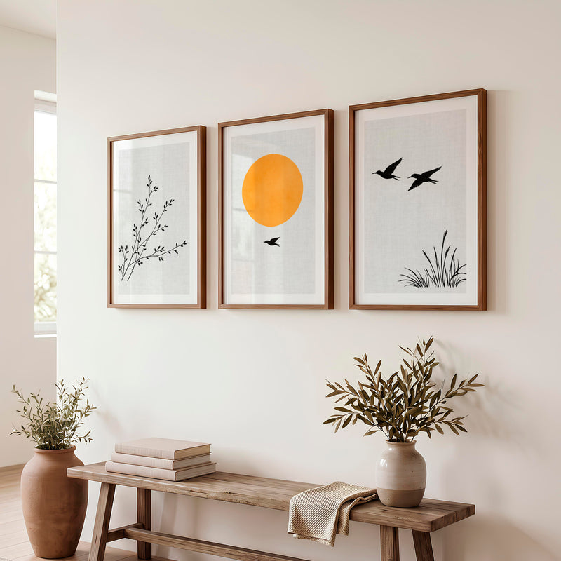 Golden Sun and Birds japandi art wall - Dark Brown Framed Poster with White Border - Artworksets
