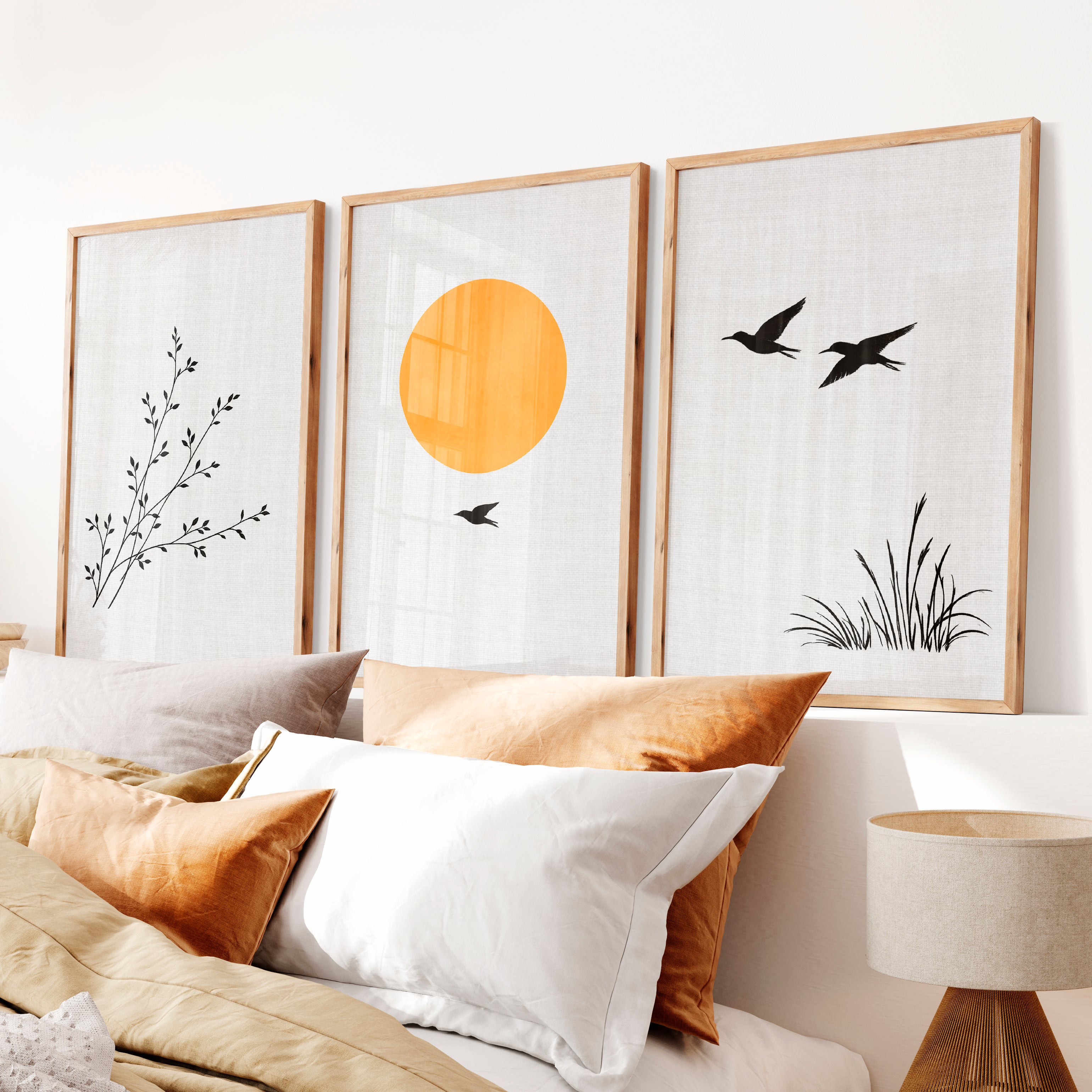 Golden Sun and Birds japandi art wall - Natural Wood Framed Poster No Border - Artworksets