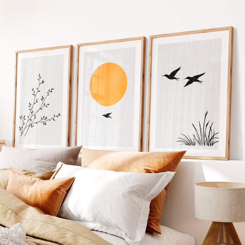Golden Sun and Birds japandi art wall- Natural Wood Framed Poster with White Border - Artworksets