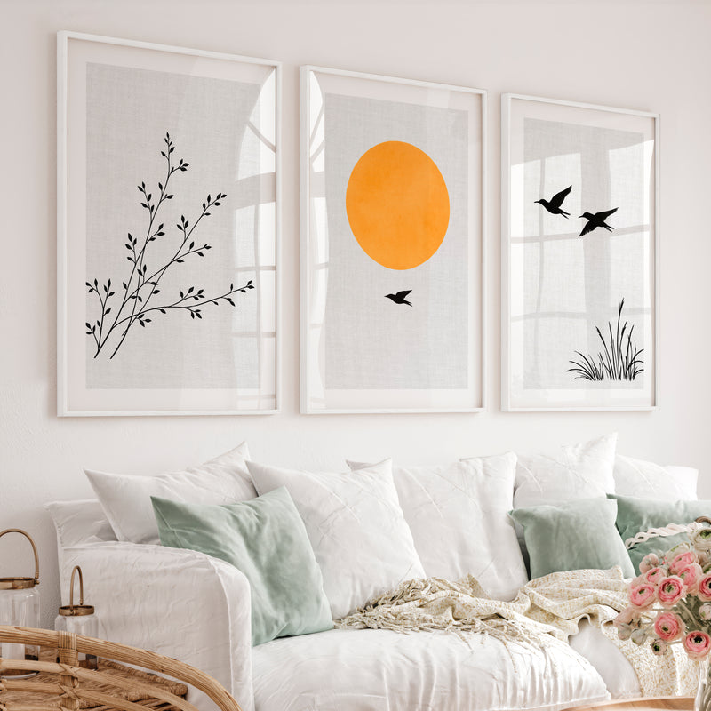 Golden Sun and Birds japandi art wall - White Framed Poster with White Border - Artworksets