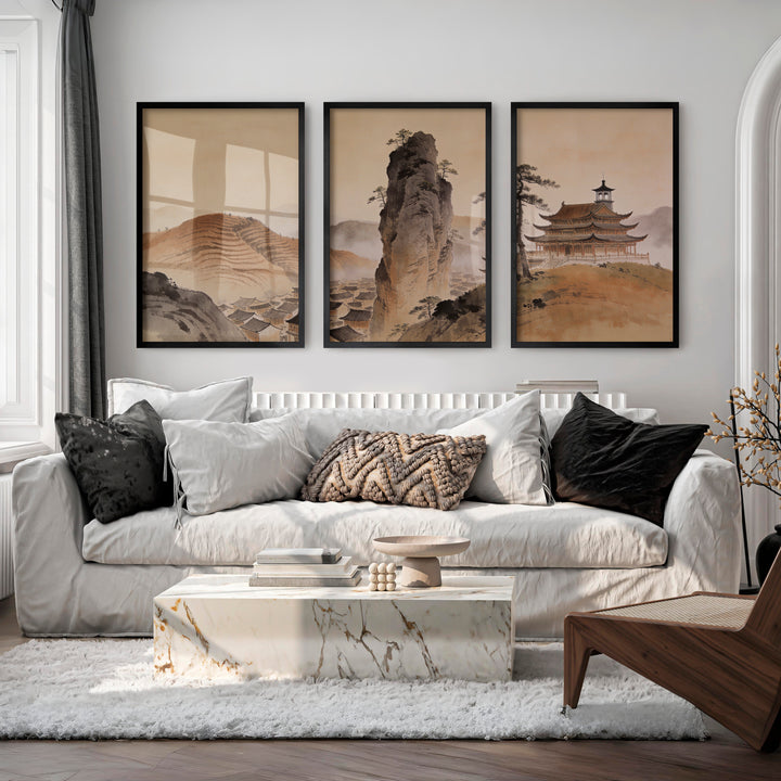 Misty Mountain Temple japandi art wall Print - Black Framed Poster No Border - Artworksets