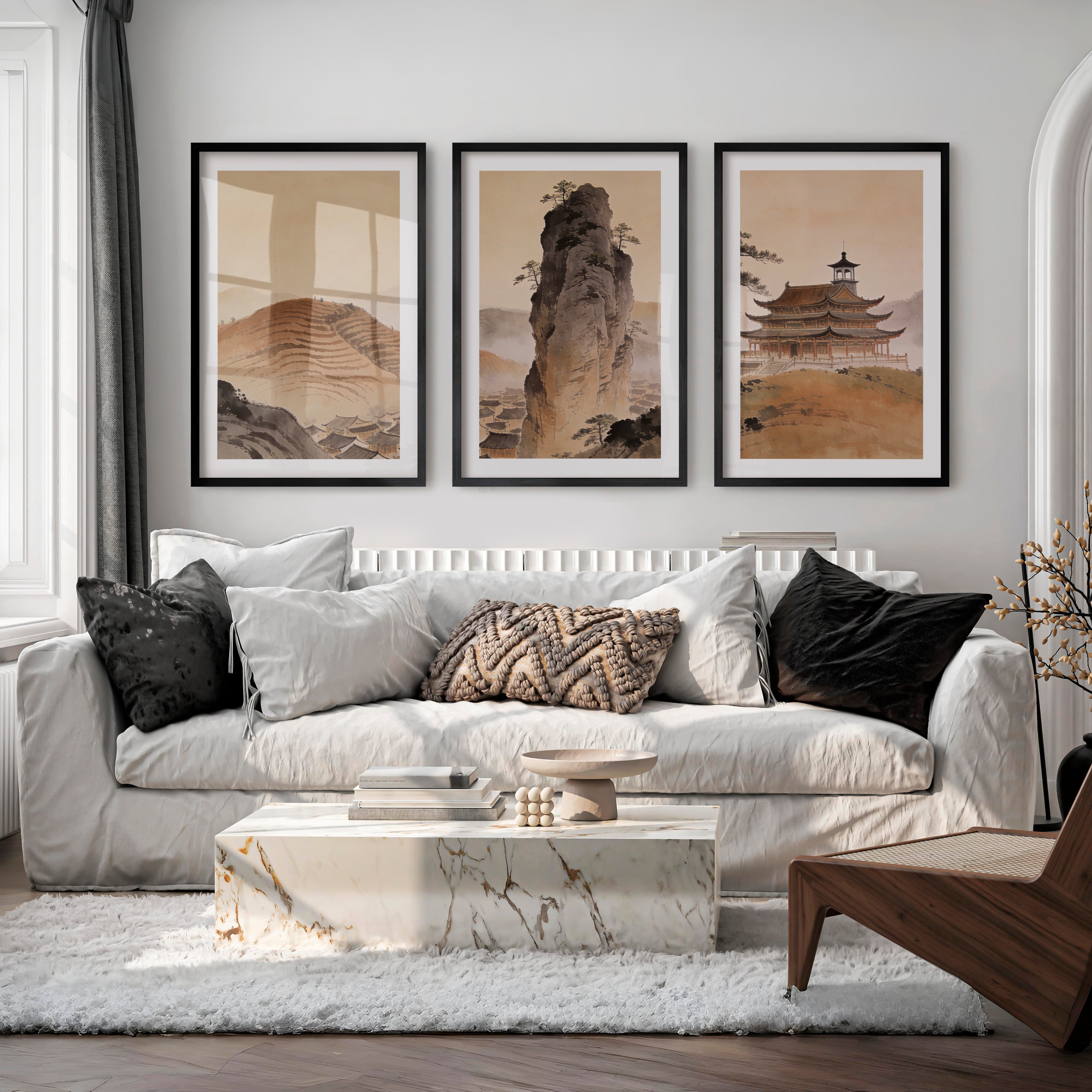 Misty Mountain Temple japandi art wall Print - Black Framed Poster with White Border - Artworksets