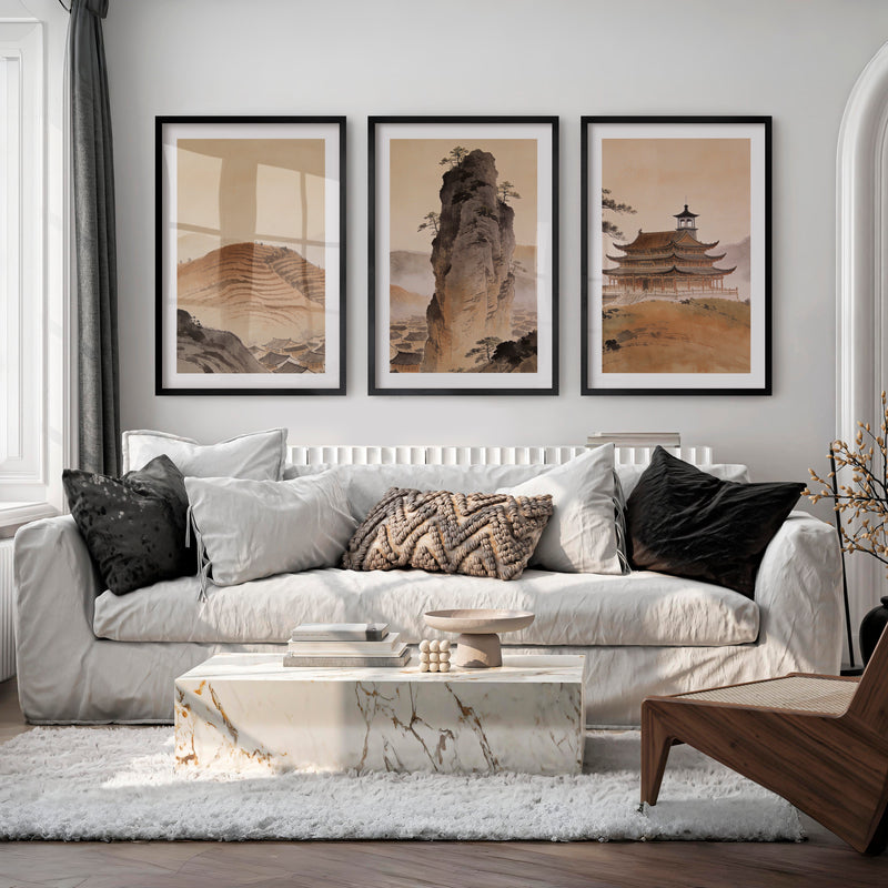 Misty Mountain Temple japandi art wall Print - Black Framed Poster with White Border - Artworksets