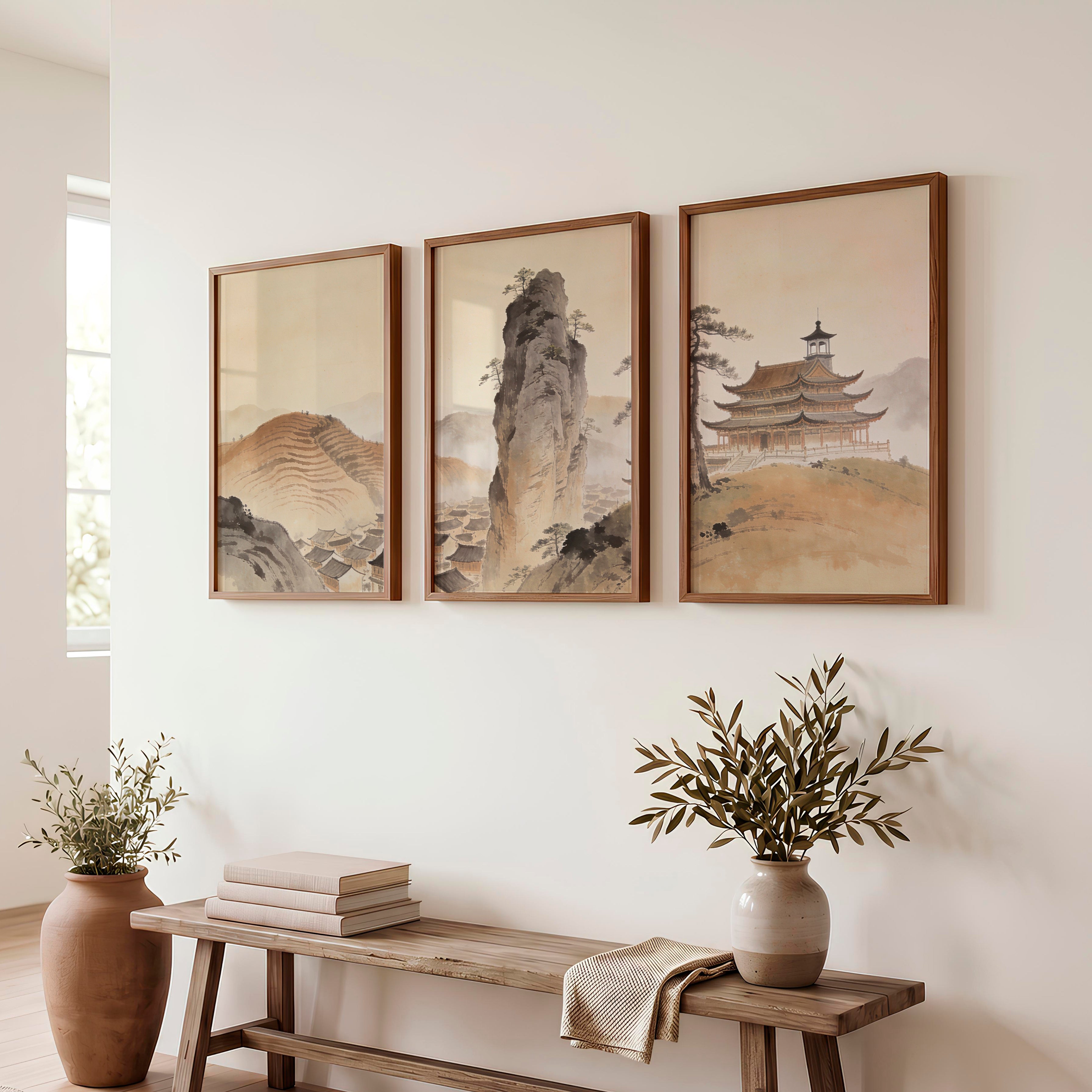 Misty Mountain Temple japandi art wall Print - Dark Brown Framed Poster No Border - Artworksets