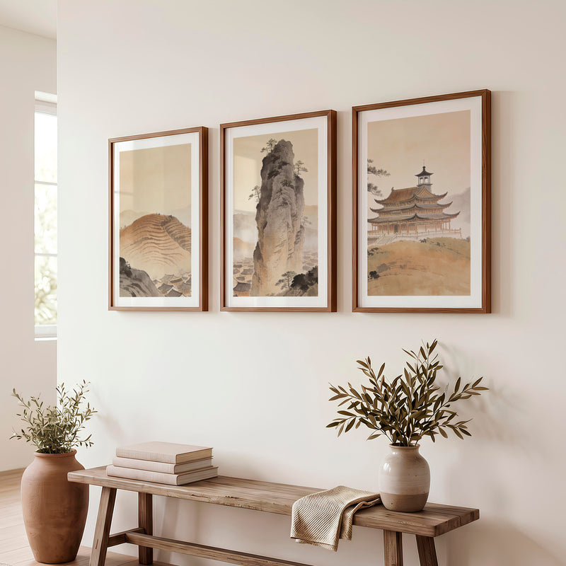 Misty Mountain Temple japandi art wall Print - Dark Brown Framed Poster with White Border - Artworksets