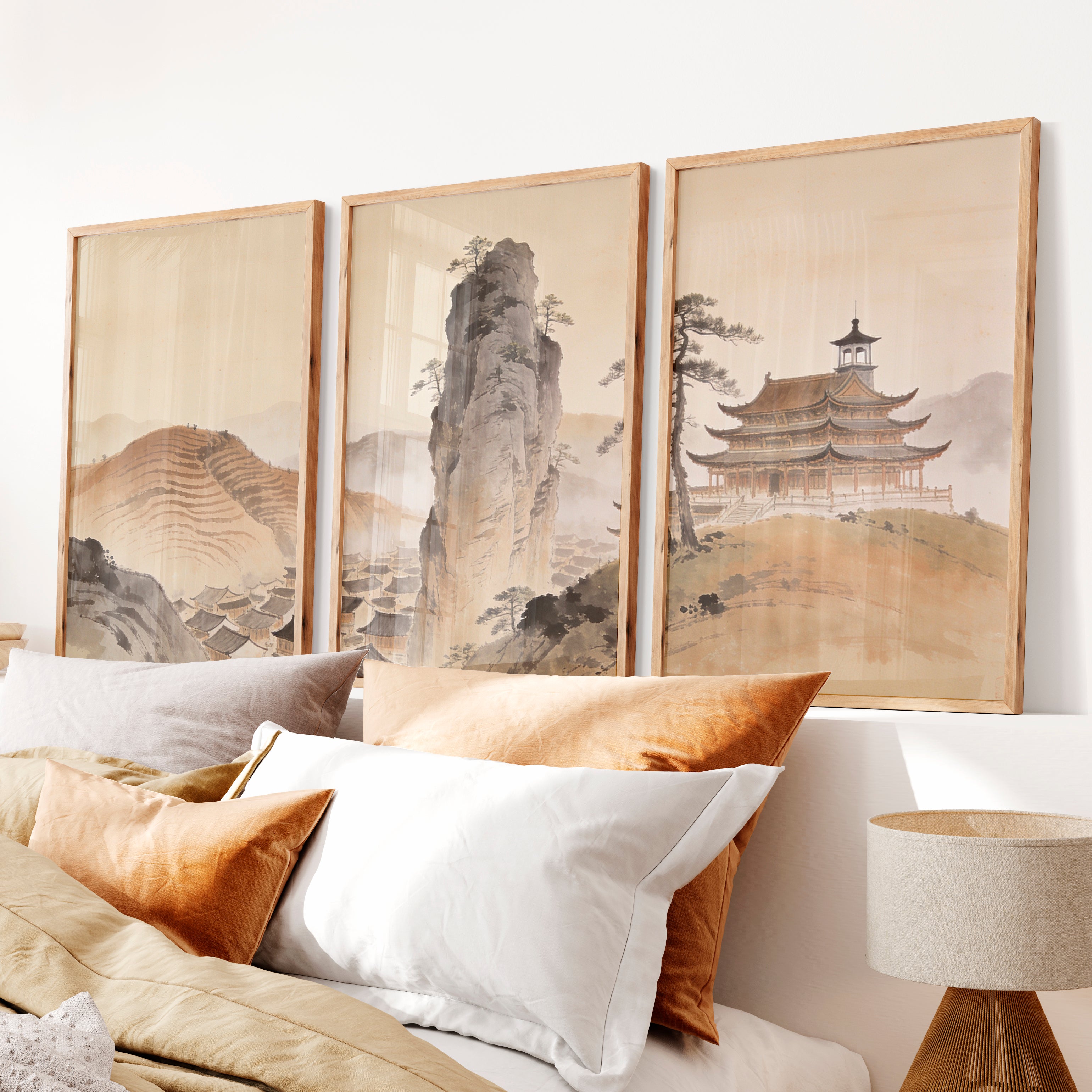 Misty Mountain Temple japandi art wall Print - Natural Wood Framed Poster No Border - Artworksets