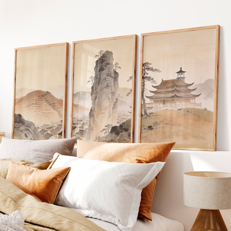 Misty Mountain Temple japandi art wall Print - Natural Wood Framed Poster No Border - Artworksets