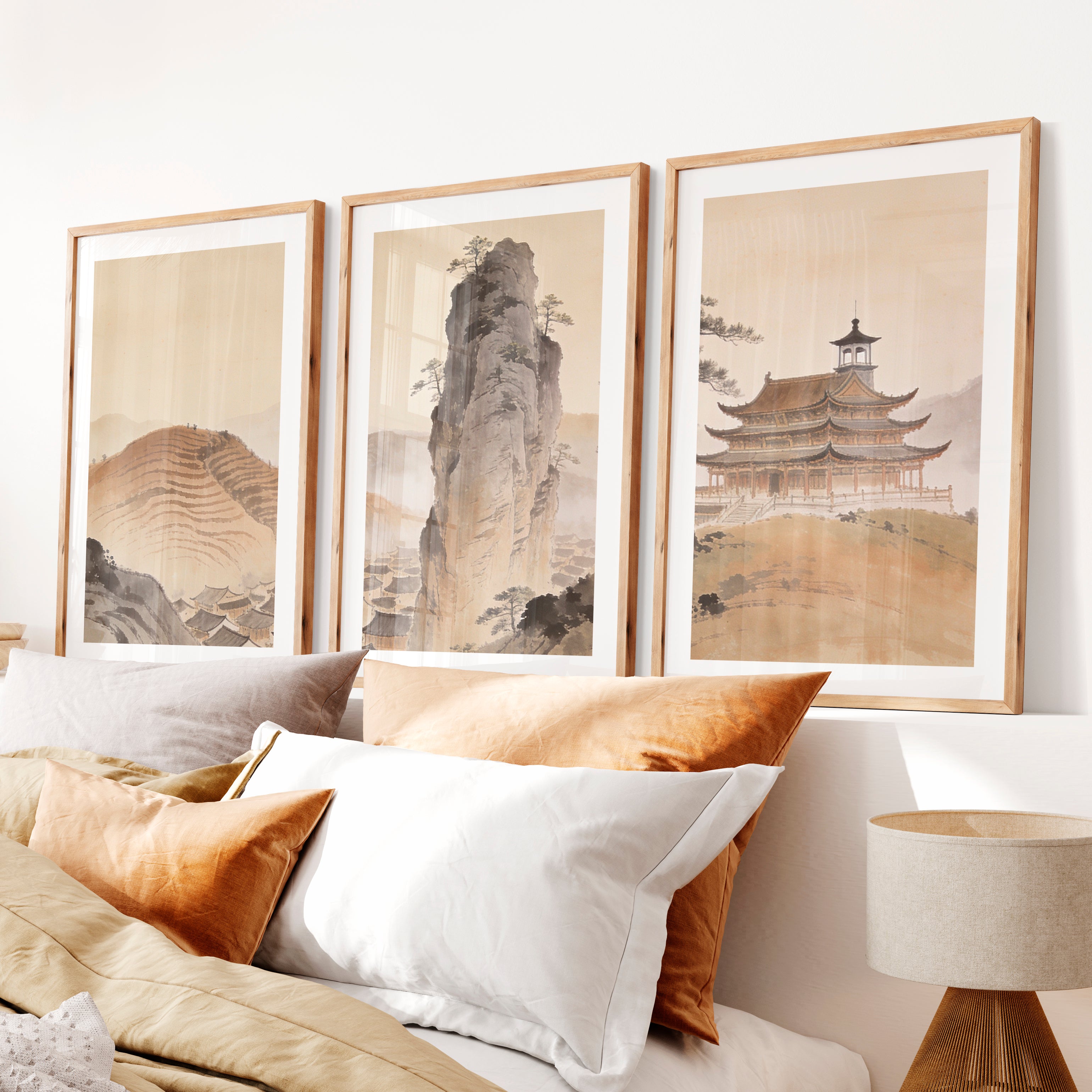 Misty Mountain Temple japandi art wall Print- Natural Wood Framed Poster with White Border - Artworksets