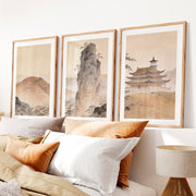 Misty Mountain Temple japandi art wall Print- Natural Wood Framed Poster with White Border - Artworksets