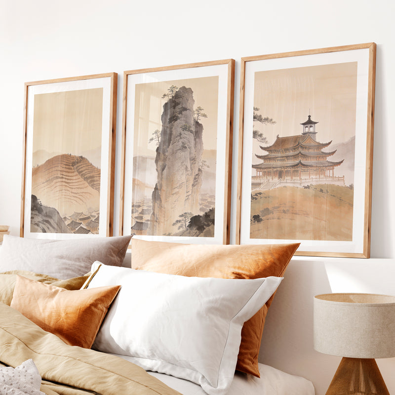 Misty Mountain Temple japandi art wall Print- Natural Wood Framed Poster with White Border - Artworksets