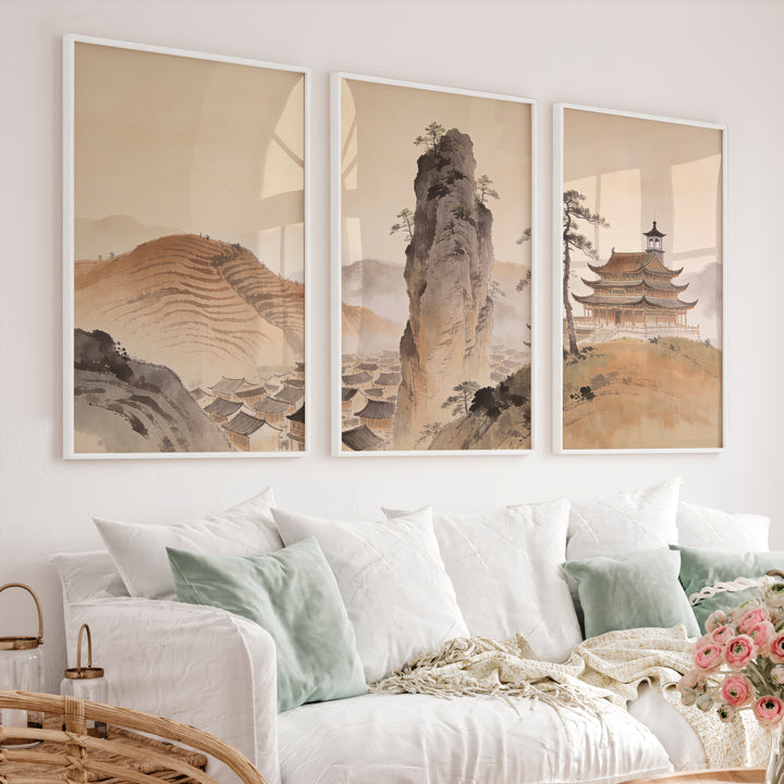 Misty Mountain Temple japandi art wall Print - White Framed Poster No Border - Artworksets