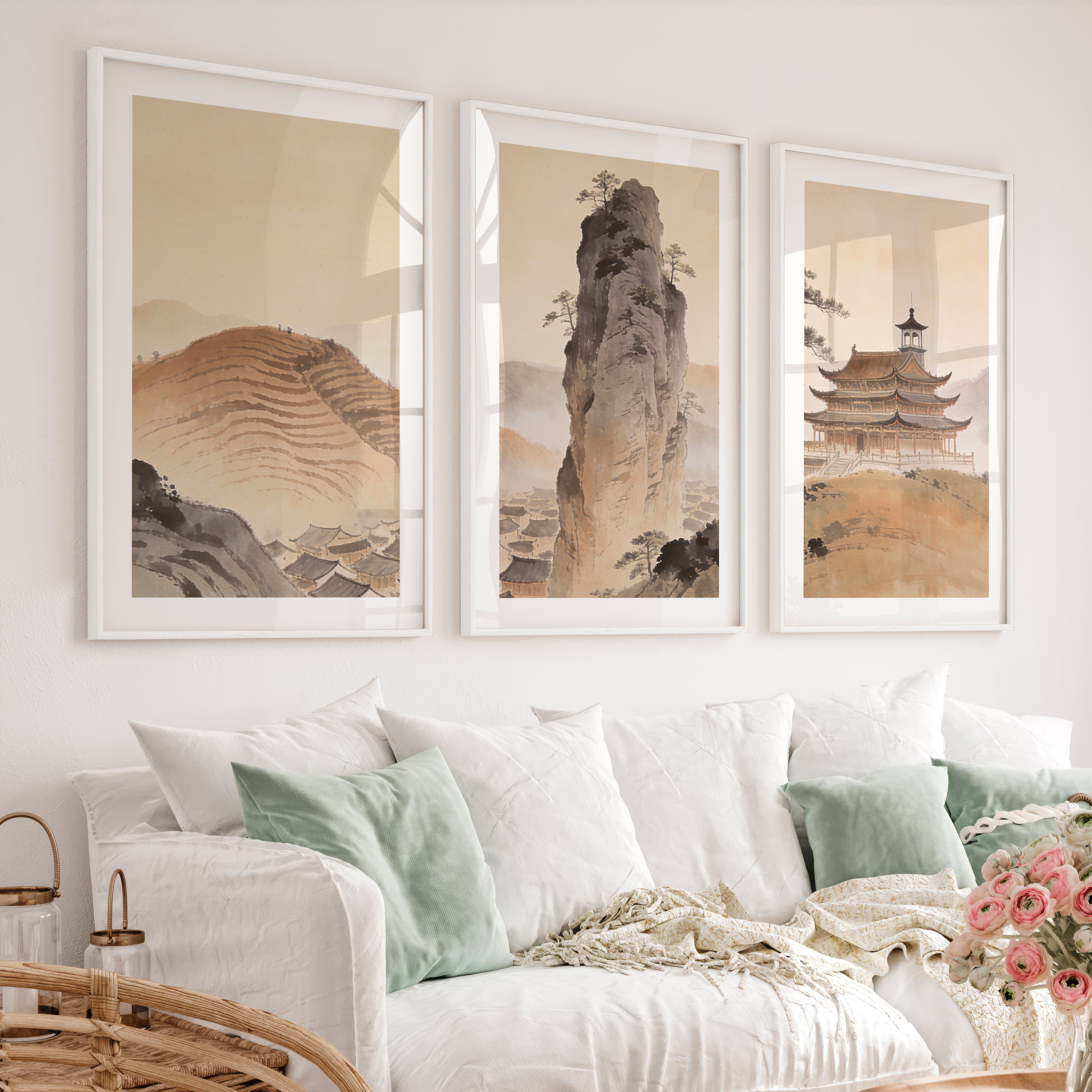 Misty Mountain Temple japandi art wall Print - White Framed Poster with White Border - Artworksets