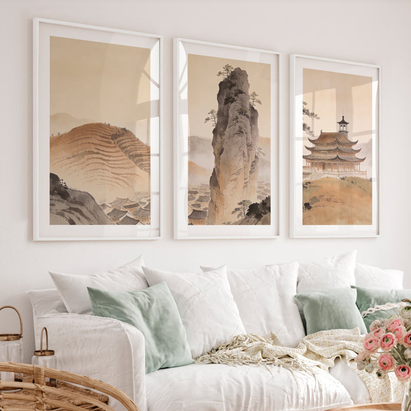 Misty Mountain Temple japandi art wall Print - White Framed Poster with White Border - Artworksets
