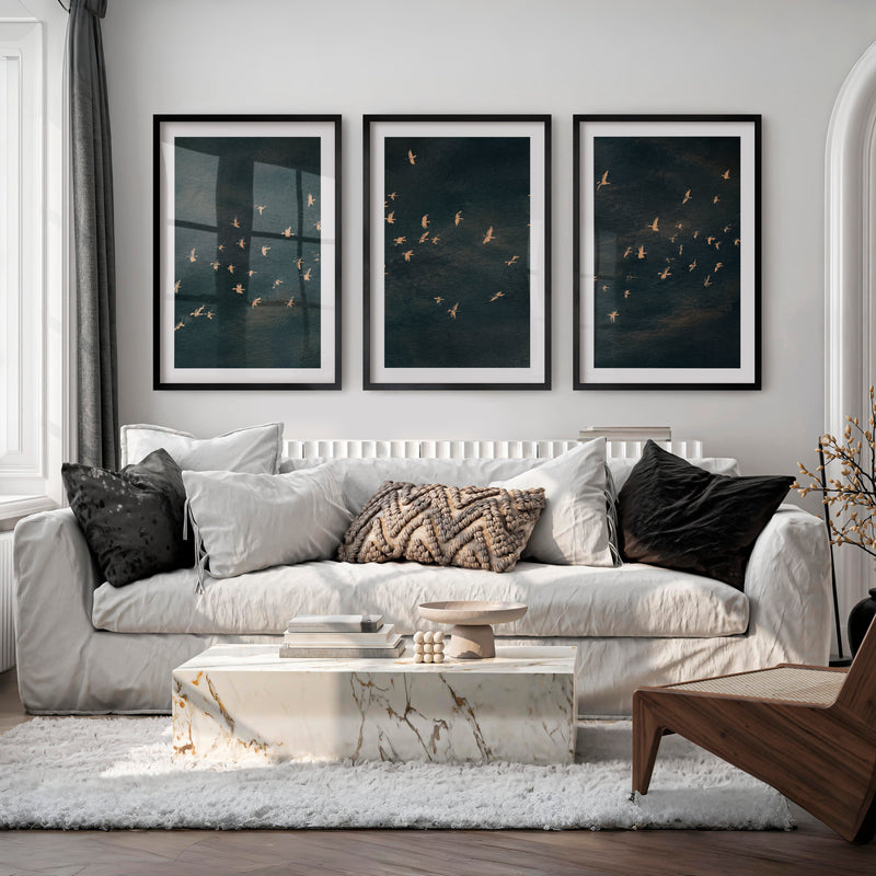 Japandi Art Work with a Flying Bird Flock - Black Framed Poster with White Border - Artworksets
