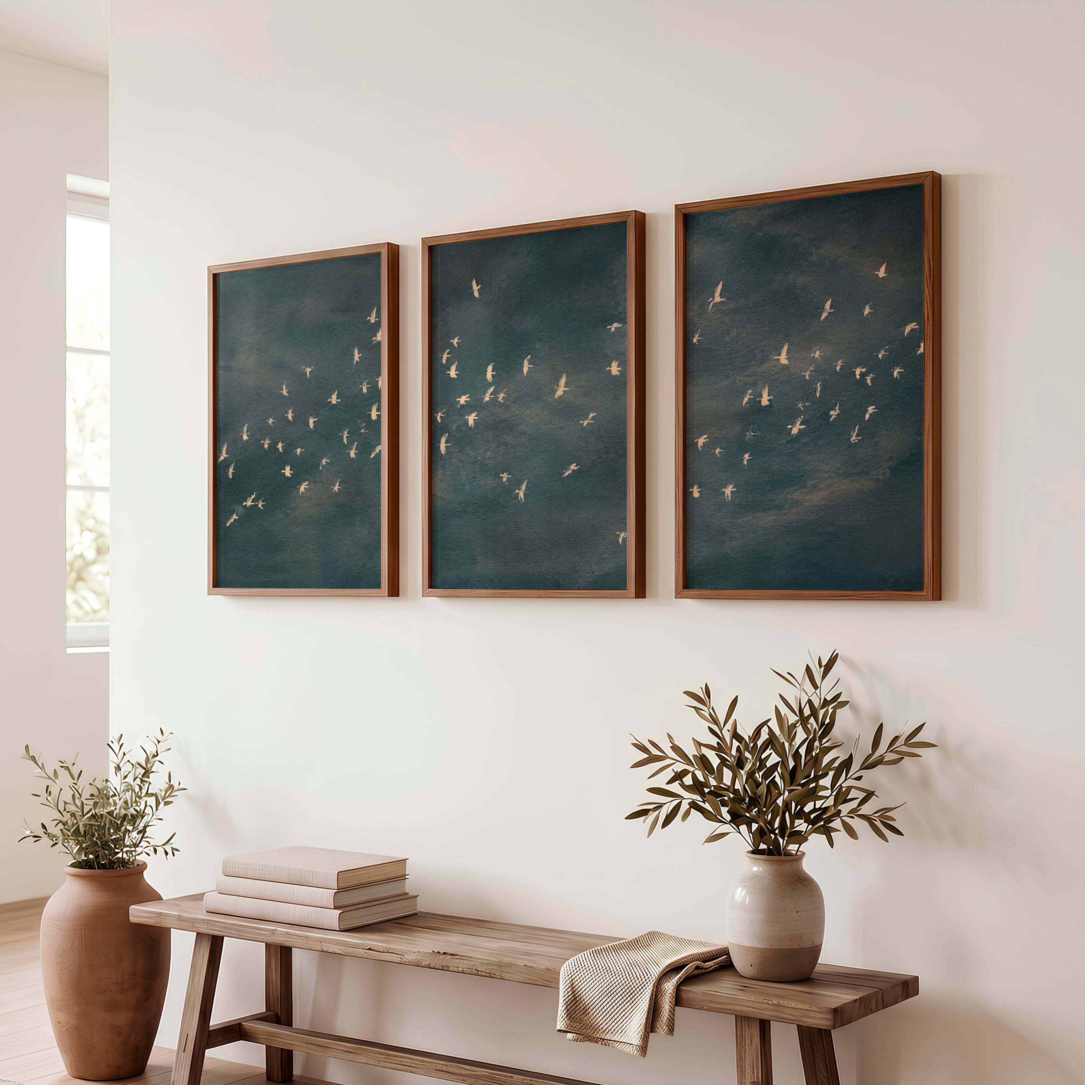 Japandi Art Work with a Flying Bird Flock - Dark Brown Framed Poster No Border - Artworksets