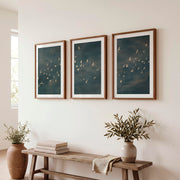 Japandi Art Work with a Flying Bird Flock - Dark Brown Framed Poster with White Border - Artworksets