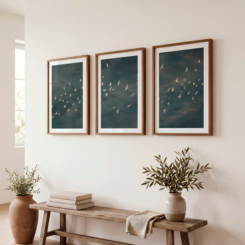 Japandi Art Work with a Flying Bird Flock - Dark Brown Framed Poster with White Border - Artworksets