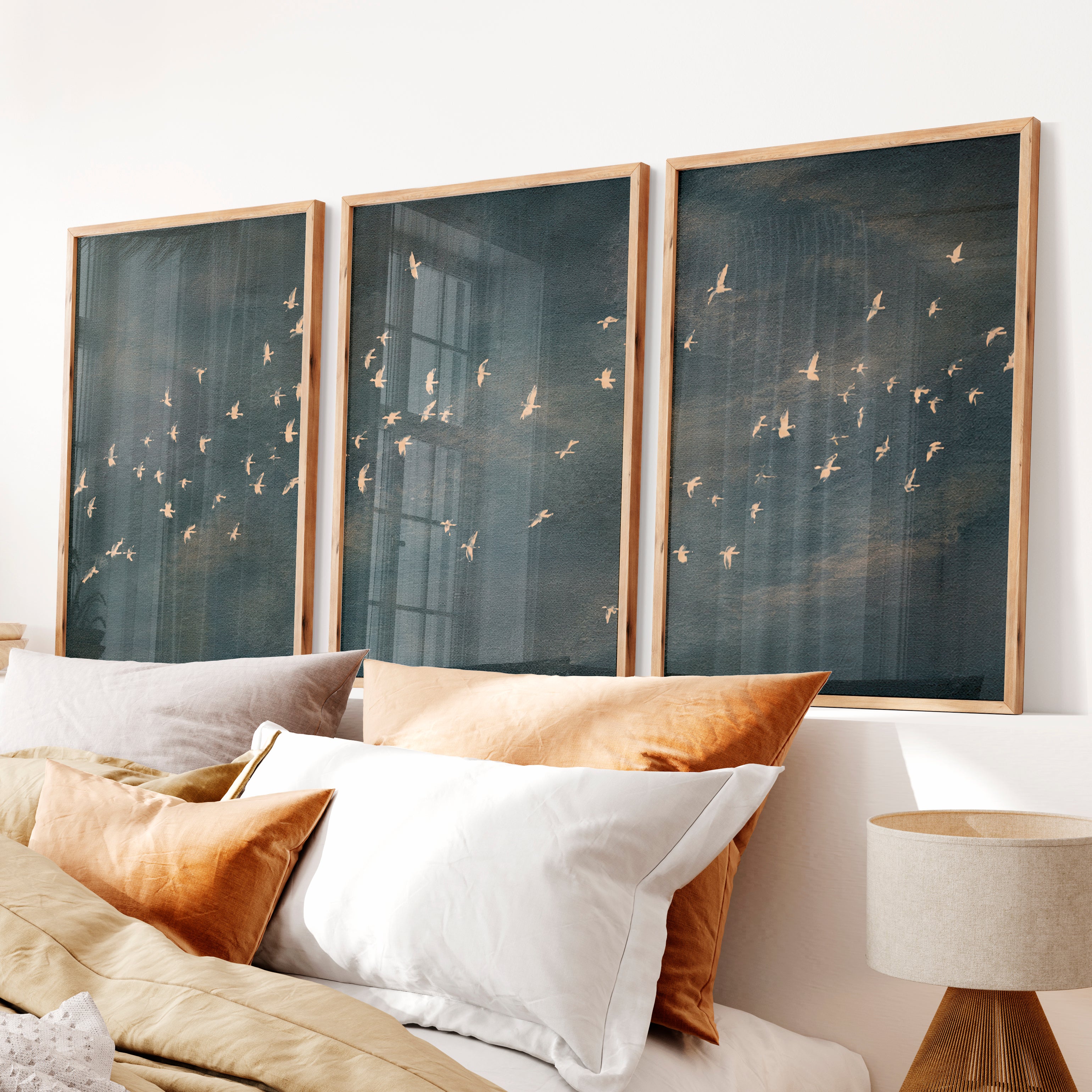 Japandi Art Work with a Flying Bird Flock - Natural Wood Framed Poster No Border - Artworksets