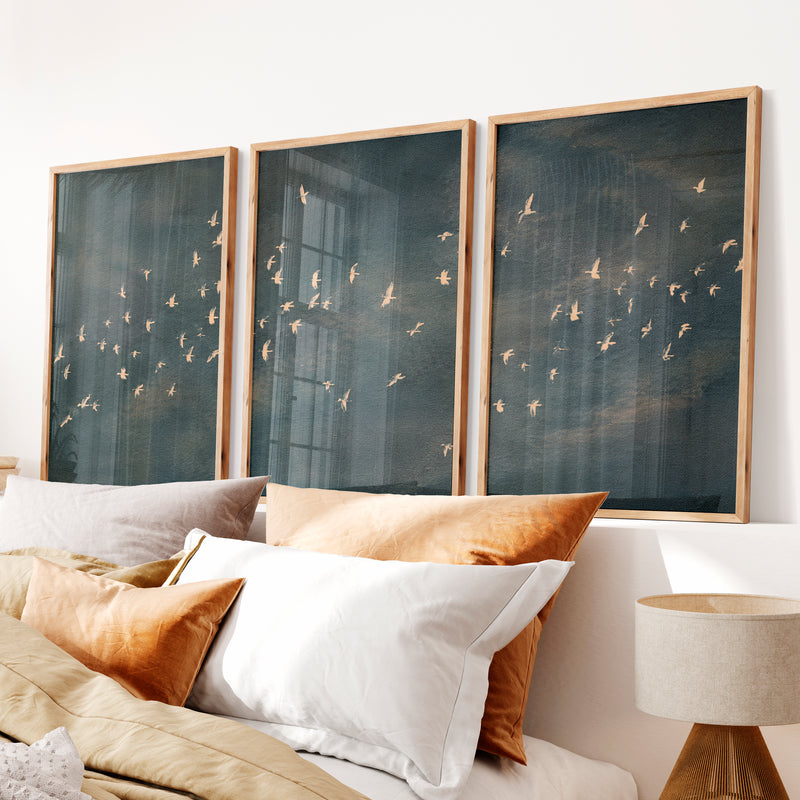 Japandi Art Work with a Flying Bird Flock - Natural Wood Framed Poster No Border - Artworksets