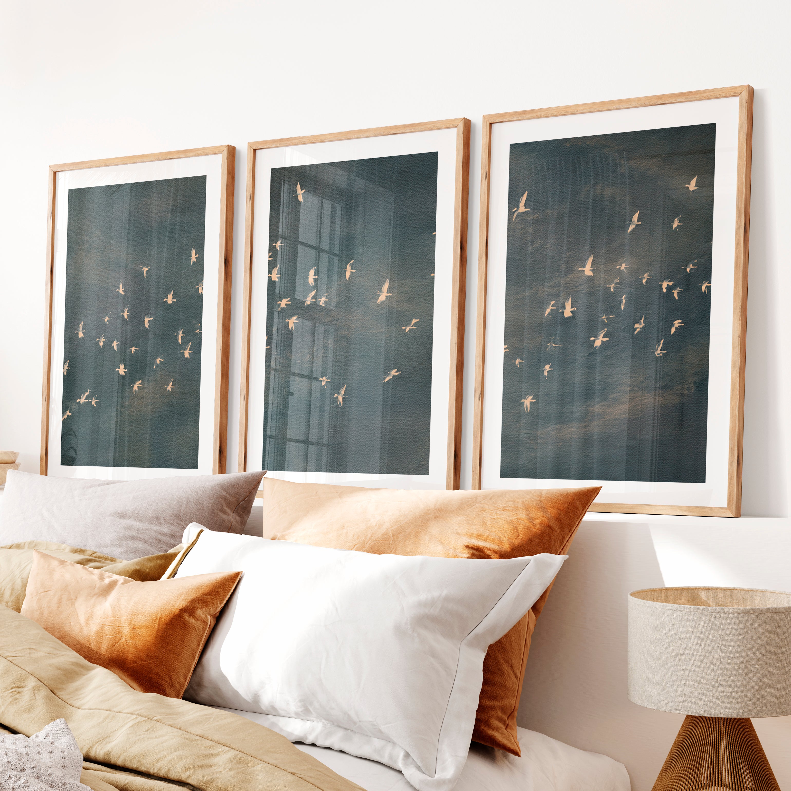 Japandi Art Work with a Flying Bird Flock- Natural Wood Framed Poster with White Border - Artworksets