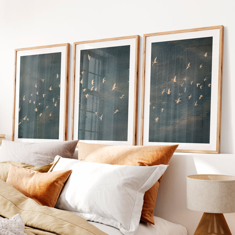 Japandi Art Work with a Flying Bird Flock- Natural Wood Framed Poster with White Border - Artworksets