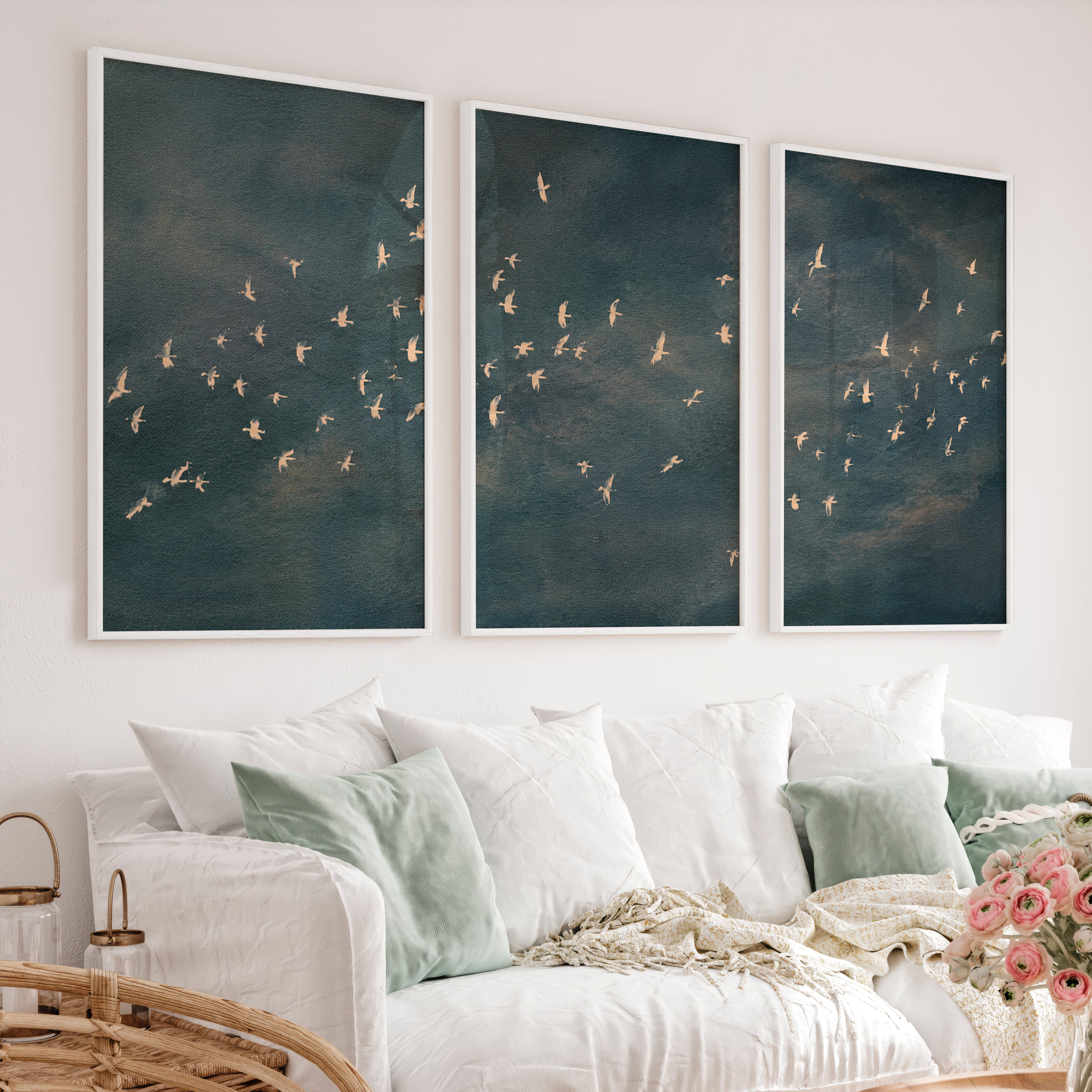 Japandi Art Work with a Flying Bird Flock - White Framed Poster No Border - Artworksets