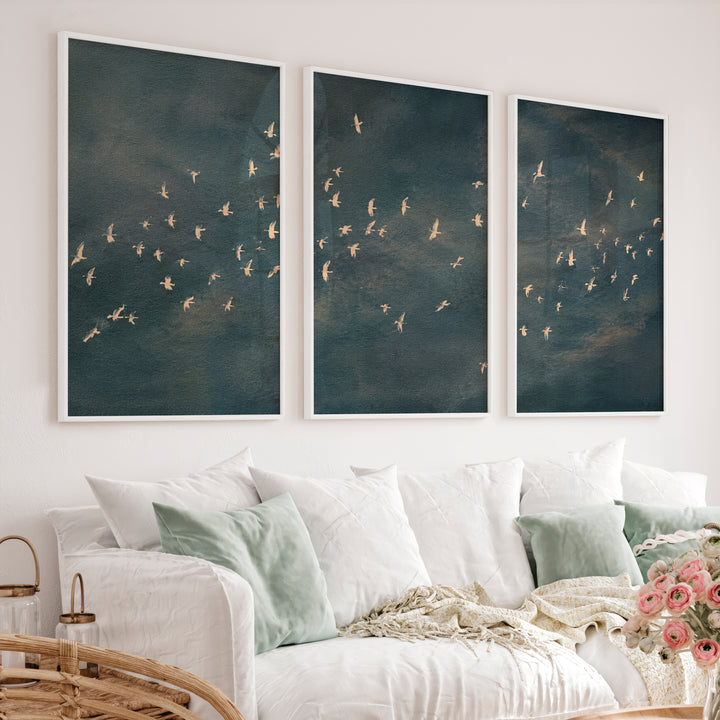 Japandi Art Work with a Flying Bird Flock - White Framed Poster No Border - Artworksets