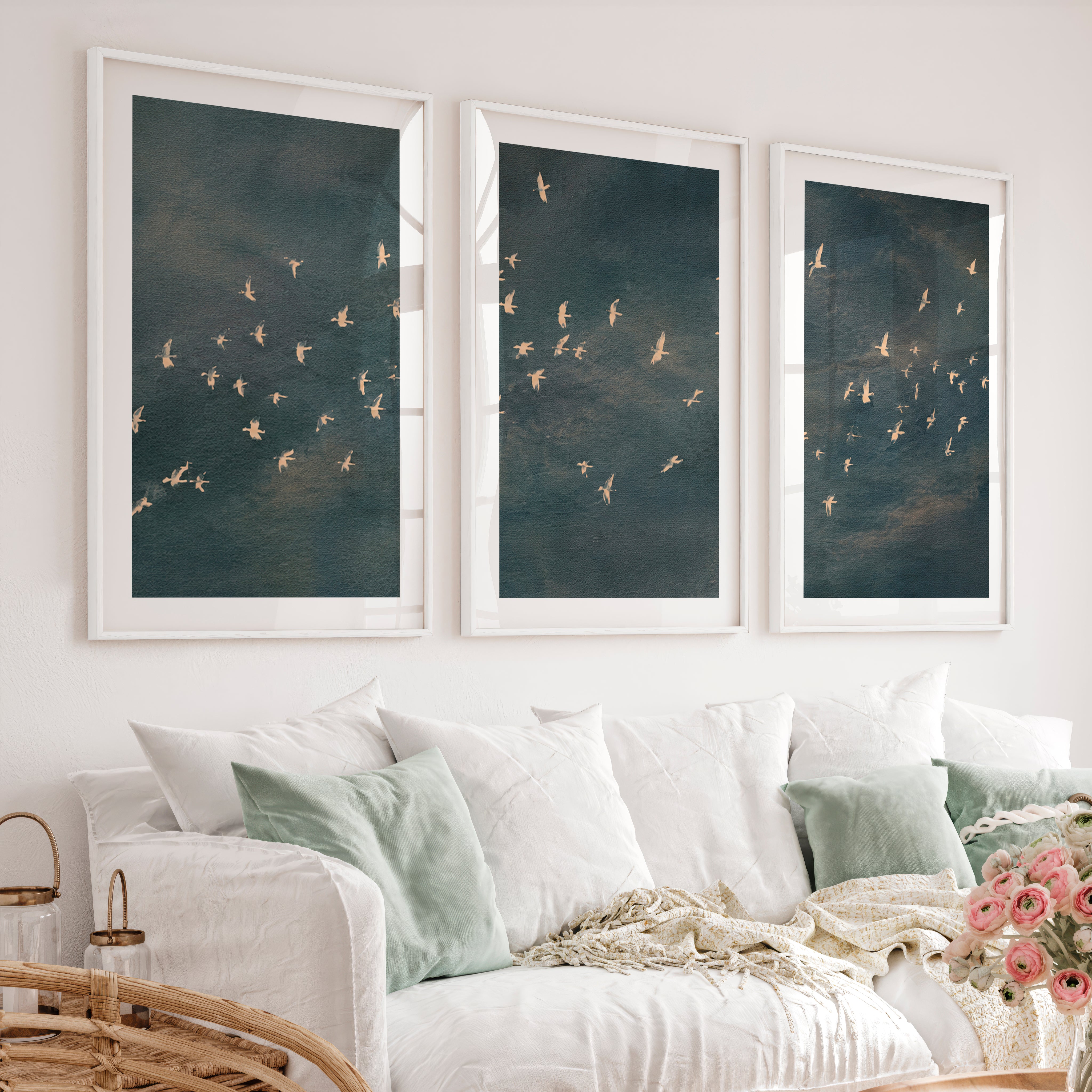 Japandi Art Work with a Flying Bird Flock - White Framed Poster with White Border - Artworksets