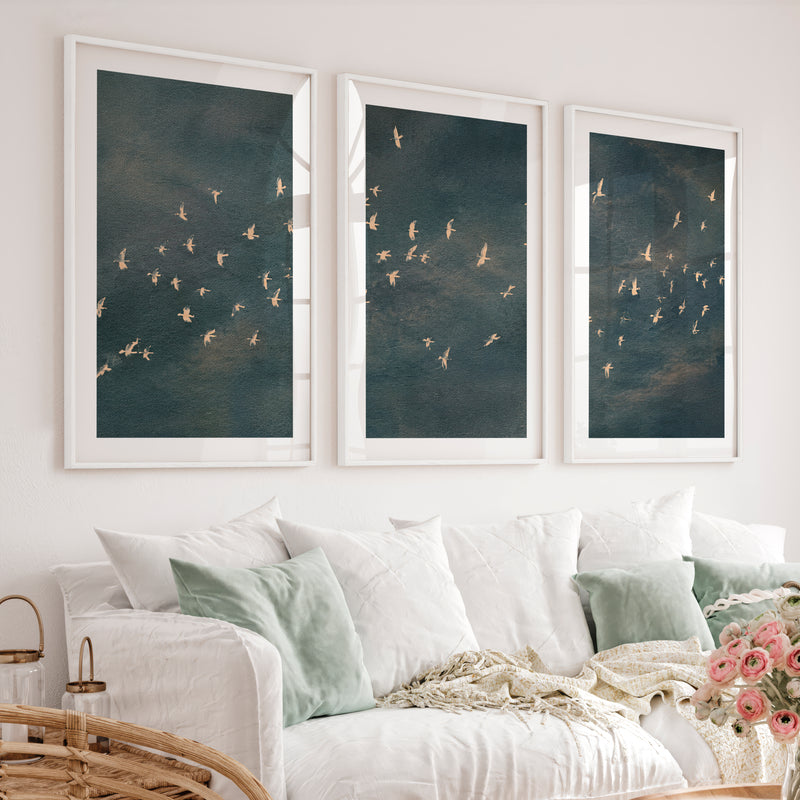 Japandi Art Work with a Flying Bird Flock - White Framed Poster with White Border - Artworksets